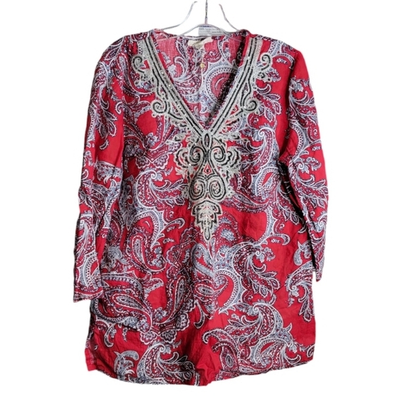 Linen Charter Club Luxury Red blouse size L sequin embroidered Valentines - Picture 1 of 8